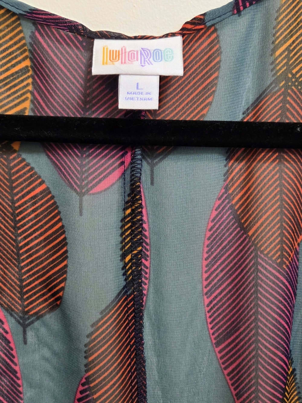 LuLaRoe Blue Leaf-Print Open-Front Kimono with Purple and Pink Accents - Picture 3 of 5